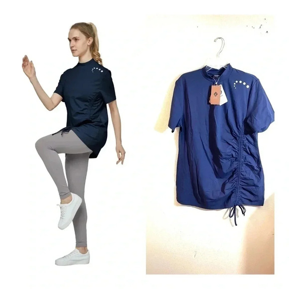 Wantdo L Workout Ruched Tunic Yoga Top Casual T Shirt Blue Antibacterial NEW - Picture 1 of 12